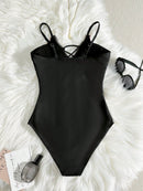 SHEIN Swim Maiô Básico de Cor Sólida para Mulheres com Alças Tipo Espaghete, Decoração com Laço no Busto, Uma Peça