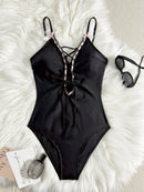 SHEIN Swim Maiô Básico de Cor Sólida para Mulheres com Alças Tipo Espaghete, Decoração com Laço no Busto, Uma Peça