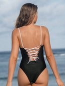 Swim SPRTY Maiô Feminino Preto e Branco com Amarração Nas Costas, Efeito Slim, para Surfe, Verão