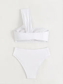 Costavie Conjunto de Maiô de Duas Peças Feminino para Praia de Verão com Top de Maiô Bikini de Um Ombro e Calcinha Triangular em Cor Sólida