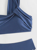 Costavie Conjunto de Maiô de Duas Peças Feminino para Praia de Verão com Top de Maiô Bikini de Um Ombro e Calcinha Triangular em Cor Sólida