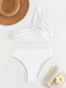 Costavie Conjunto de Maiô de Duas Peças Feminino para Praia de Verão com Top de Maiô Bikini de Um Ombro e Calcinha Triangular em Cor Sólida