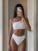 Costavie Conjunto de Maiô de Duas Peças Feminino para Praia de Verão com Top de Maiô Bikini de Um Ombro e Calcinha Triangular em Cor Sólida