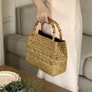 Bolsa de Praia Lilian de Palha com alça em Bambu Maritima Moda Praia Cáqui 