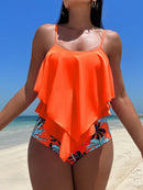 Conjunto Tankini Bata Babado com Calcinha Tropical Conjunto Tankini Bata Babado com Calcinha Tropical Maritima Moda Praia Laranja P 