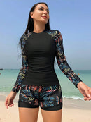 Conjunto UV Feminino Manga Longa com Short Tropical Conjunto UV Feminino Manga Longa com Short Tropical Maritima Moda Praia Preto P 