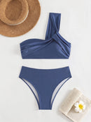 Costavie Conjunto de Maiô de Duas Peças Feminino para Praia de Verão com Top de Maiô Bikini de Um Ombro e Calcinha Triangular em Cor Sólida