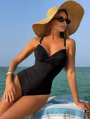 Swim Vcay Maiô Elegante de Uma Peça, com Decor de Metal, Cordão na Cintura e Frente Cruzada, em Cor Sólida, Para Praia e Férias de Verão Marina Moda Praia 