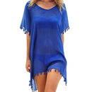Vestido de Praia Bella em Chiffon com Detalhes de Franjas Maritima Moda Praia Azul Único 